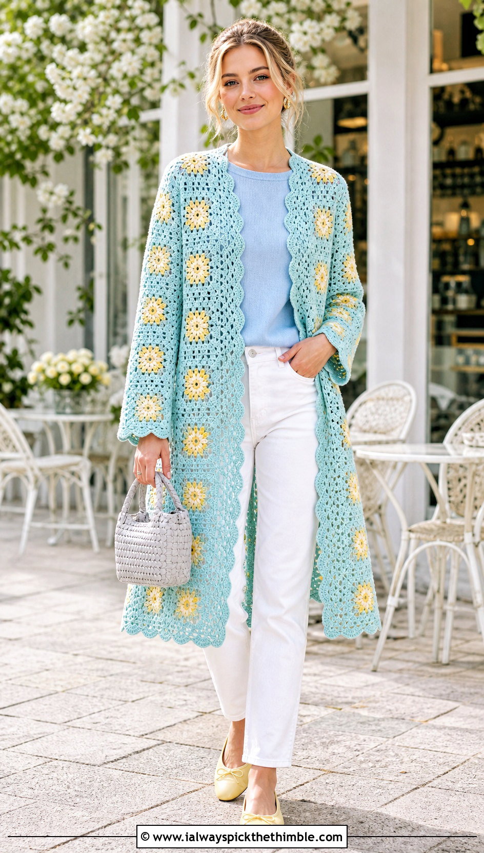 Scalloped Granny Square Car Coat With White Jeans - 15 Granny Square Car Coat outfit ideas