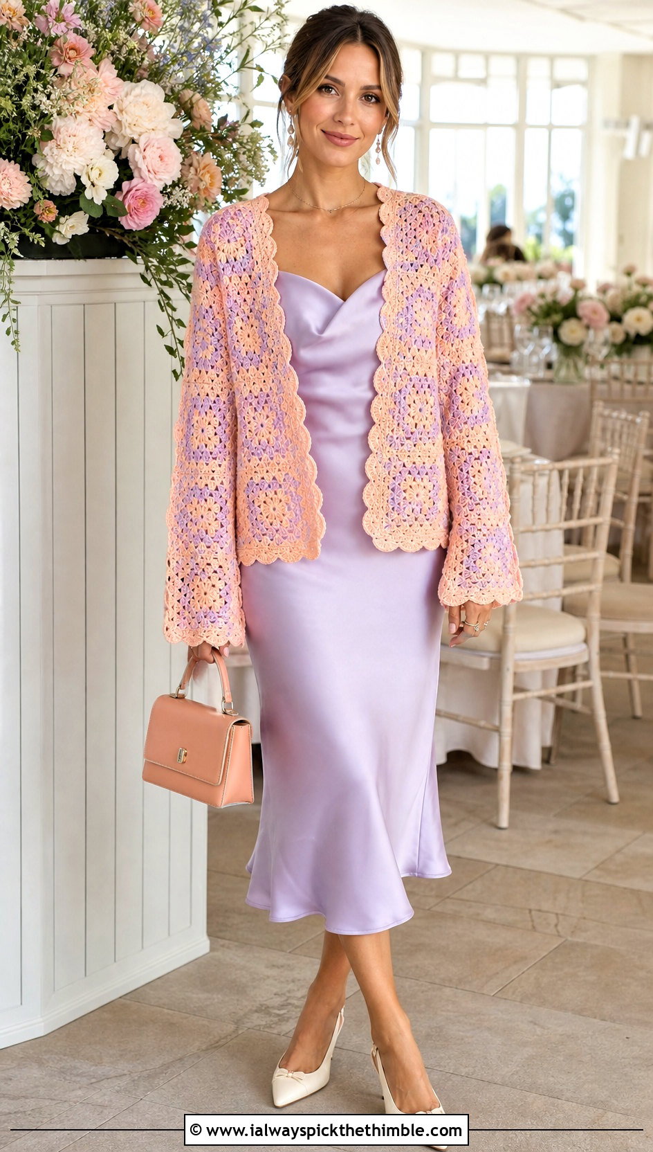 Scalloped Granny Square Cardigan With Satin Slip Dress - 20 pastel granny square cardigan outfit ideas