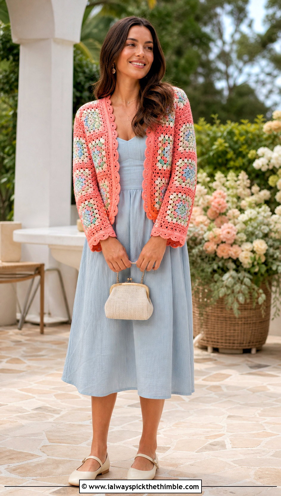 Scalloped Granny Square Cardigan With Tea Dress - 25 granny square crochet cardigan jacket outfit ideas