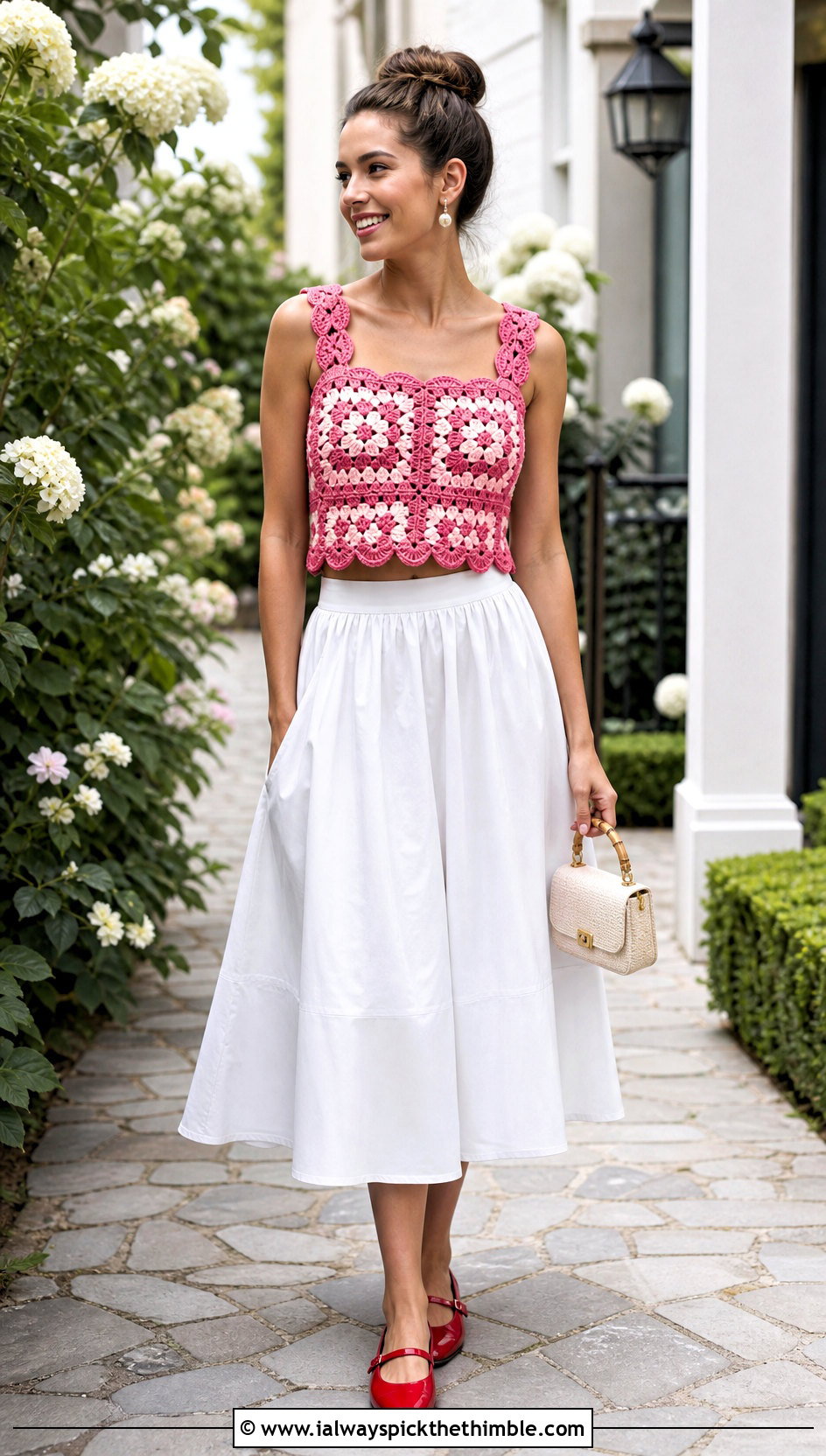 Scalloped Granny Square Crop Top With Poplin Midi Skirt - 20 granny square crochet crop top outfit ideas