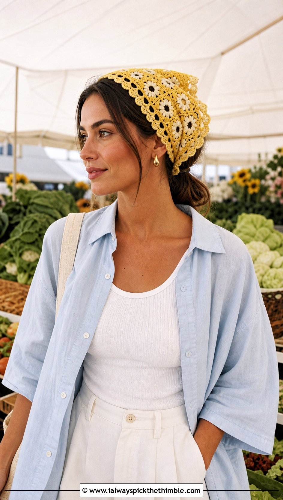 Scalloped Granny Square Hair Scarf With Linen Shirt And Shorts - 20 granny square hair scarf outfit ideas