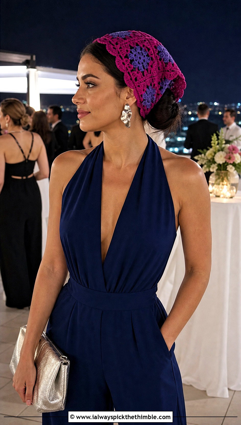 Scalloped Granny Square Head Scarf With Evening Jumpsuit - 25 crochet head scarf outfit ideas