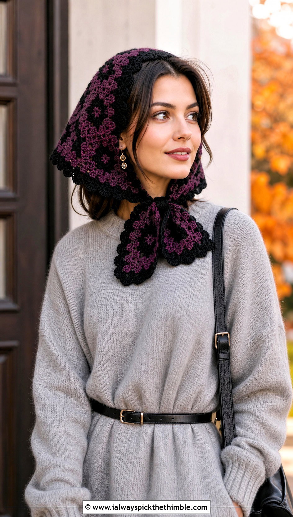 Scalloped Granny Square Head Scarf With Sweater Dress - 25 granny square head scarf outfit ideas
