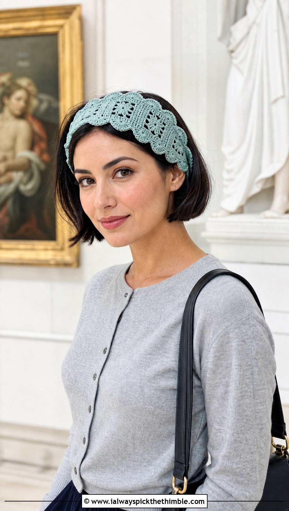 Scalloped Granny Square Headband With Cardigan And Pleated Skirt - 25 granny square headband outfit ideas