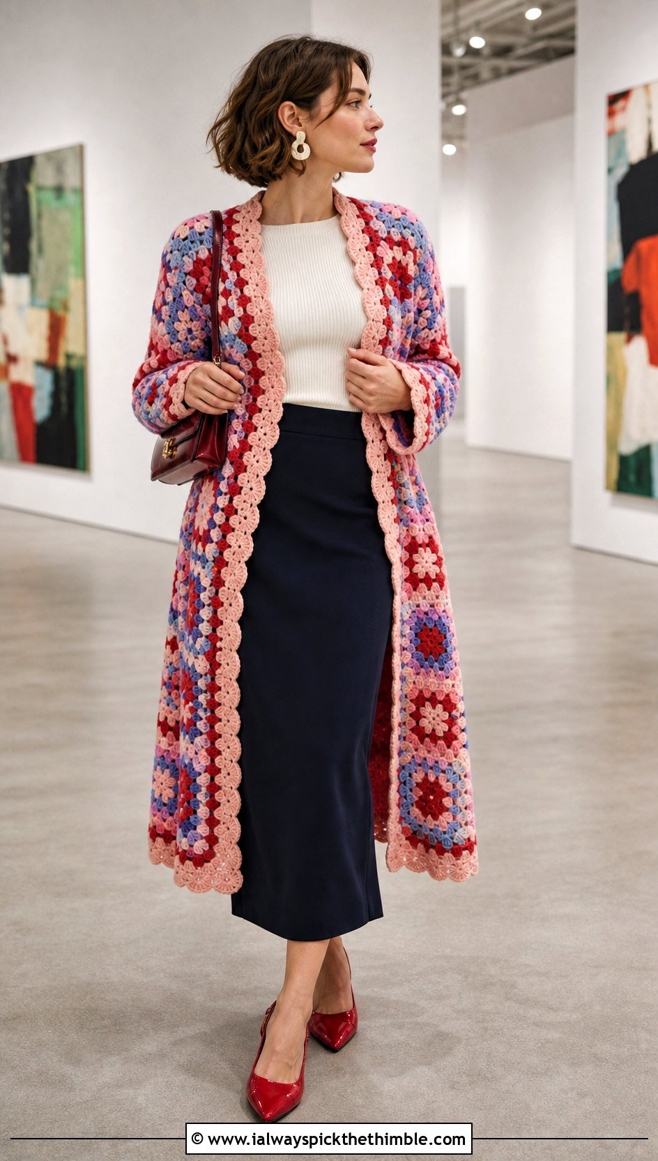 Scalloped Granny Square Long Cardigan With Column Skirt - 20 crochet granny square long cardigan outfit ideas
