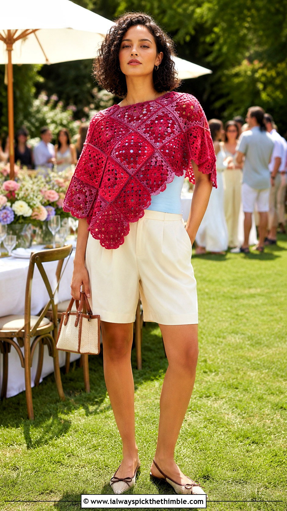 Scalloped Granny Square Poncho With Tailored Shorts - 25 granny square poncho outfit ideas