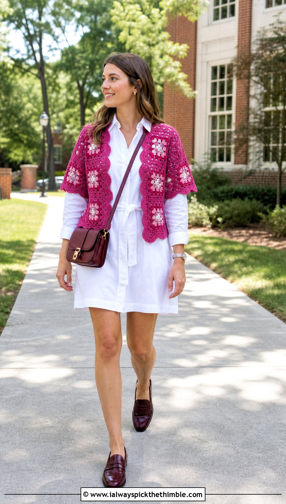 Scalloped Granny Square Shrug With Shirt Dress - 20 Crochet Granny Shrug outfit ideas