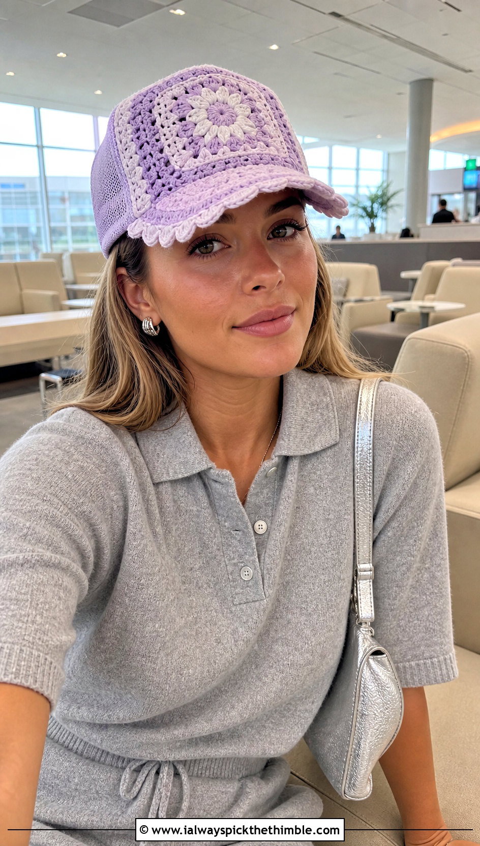 Scalloped Granny Square Trucker Hat With Monochrome Gray Knits - 25 granny square trucker hat outfit ideas