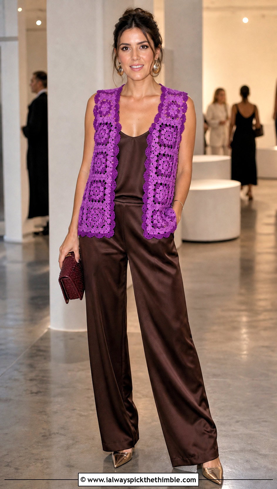 Scalloped Granny Square Waistcoat With Satin Trousers - 20 crochet granny square waistcoat outfit ideas