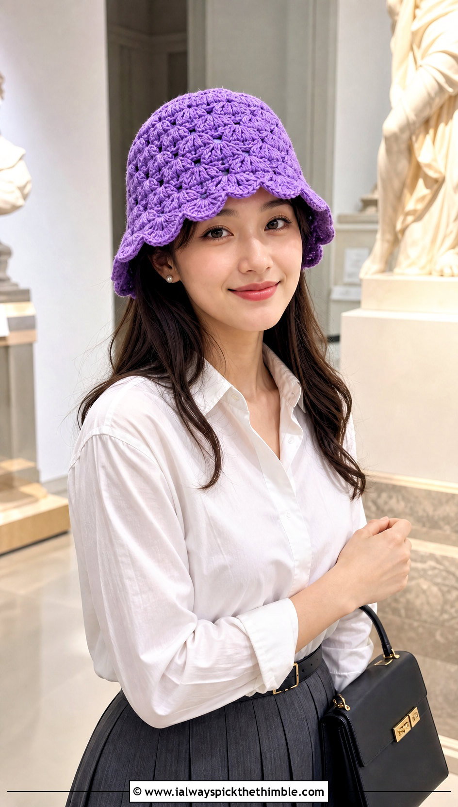 Scalloped Granny Stitch Bucket Hat With Blouse And Midi Skirt - 20 crochet granny stitch bucket hat outfit ideas