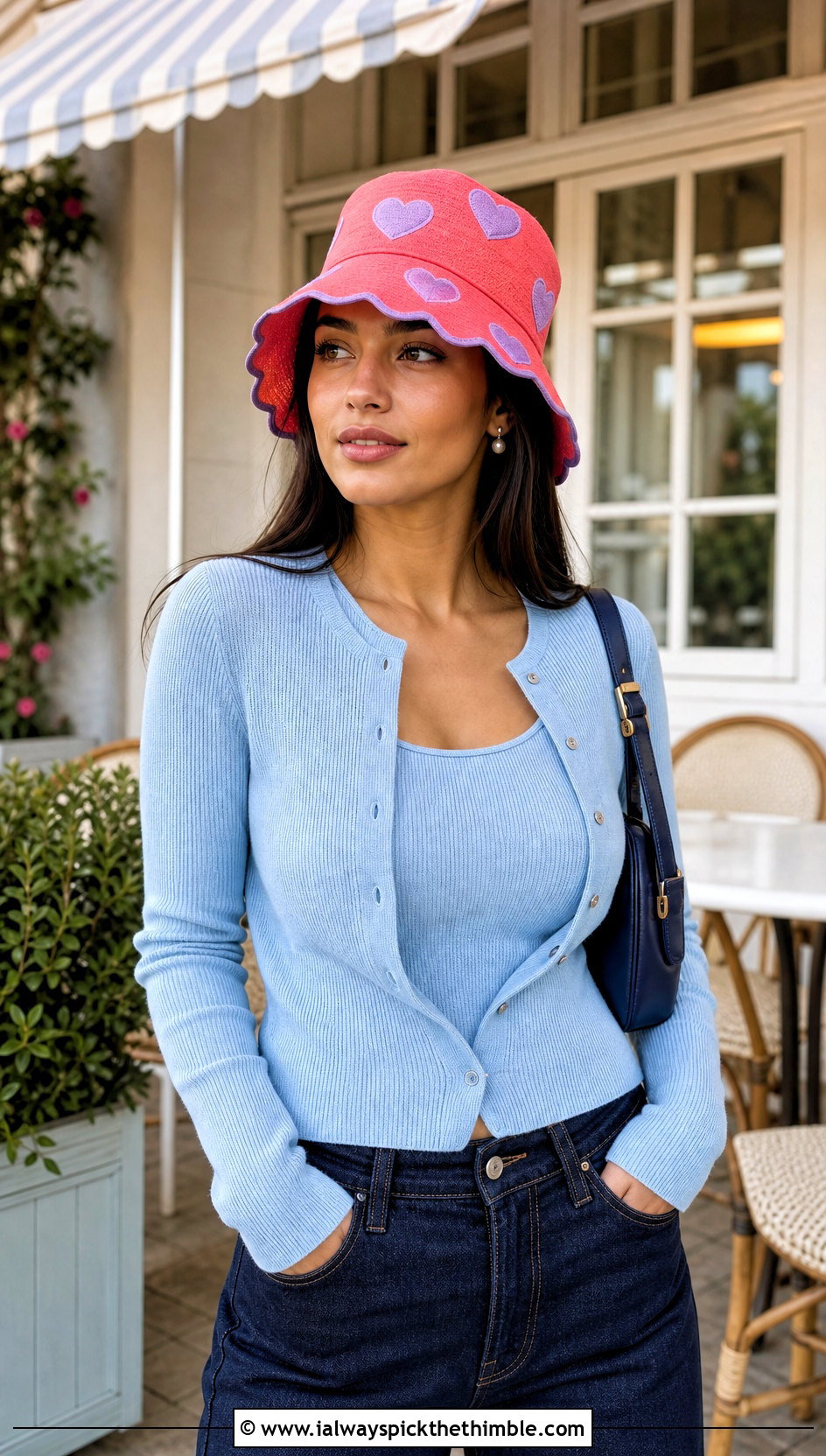 Scalloped Heart Bucket Hat With Cardigan Set - 20 crochet heart bucket hat outfit ideas
