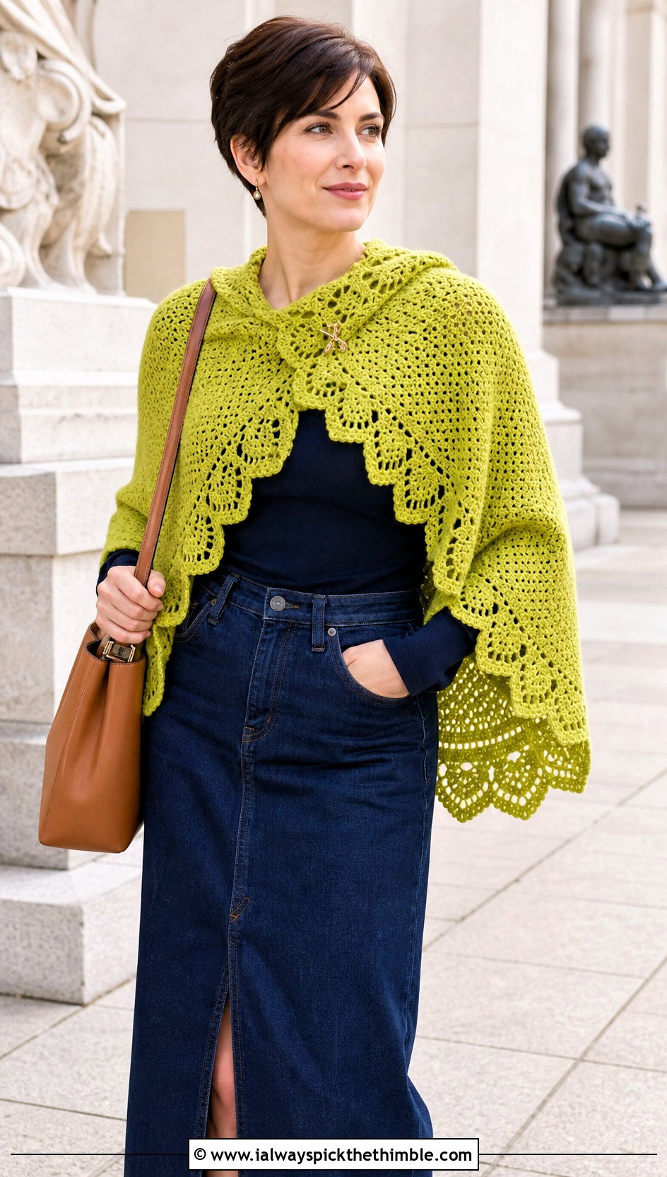 Scalloped Heart Crochet Shawl With Denim Midi Skirt - 20 Heart Crochet Shawl outfit ideas