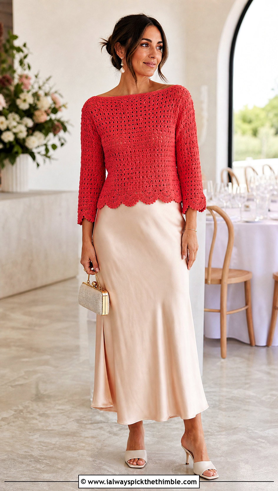 Scalloped Hem Boat Neck Crochet Sweater With Slip Skirt - 15 boat neck crochet sweater outfit ideas