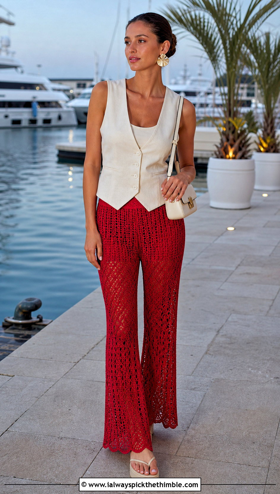 Scalloped Hem Bootcut Crochet Beach Trousers With Linen Vest - 20 Crochet Beach Trousers outfit ideas