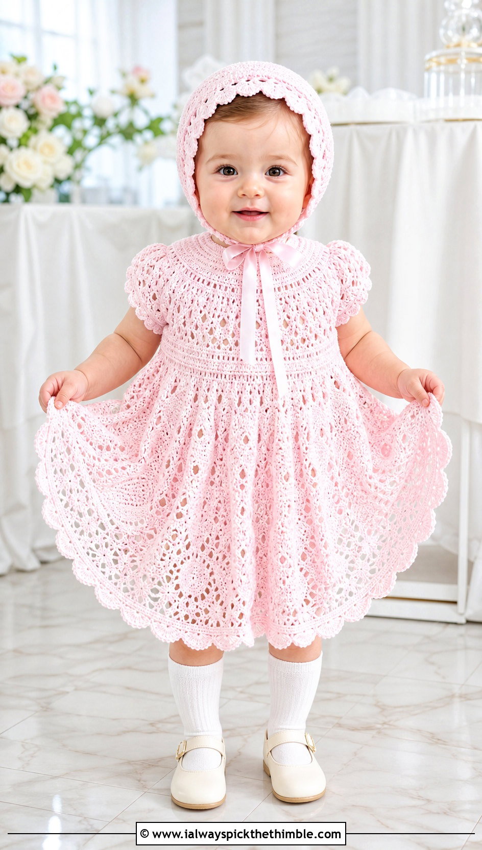 Scalloped Hem Crochet Baptism Gown With Mary Jane Shoes - 15 Crochet Baptism Gown outfit ideas