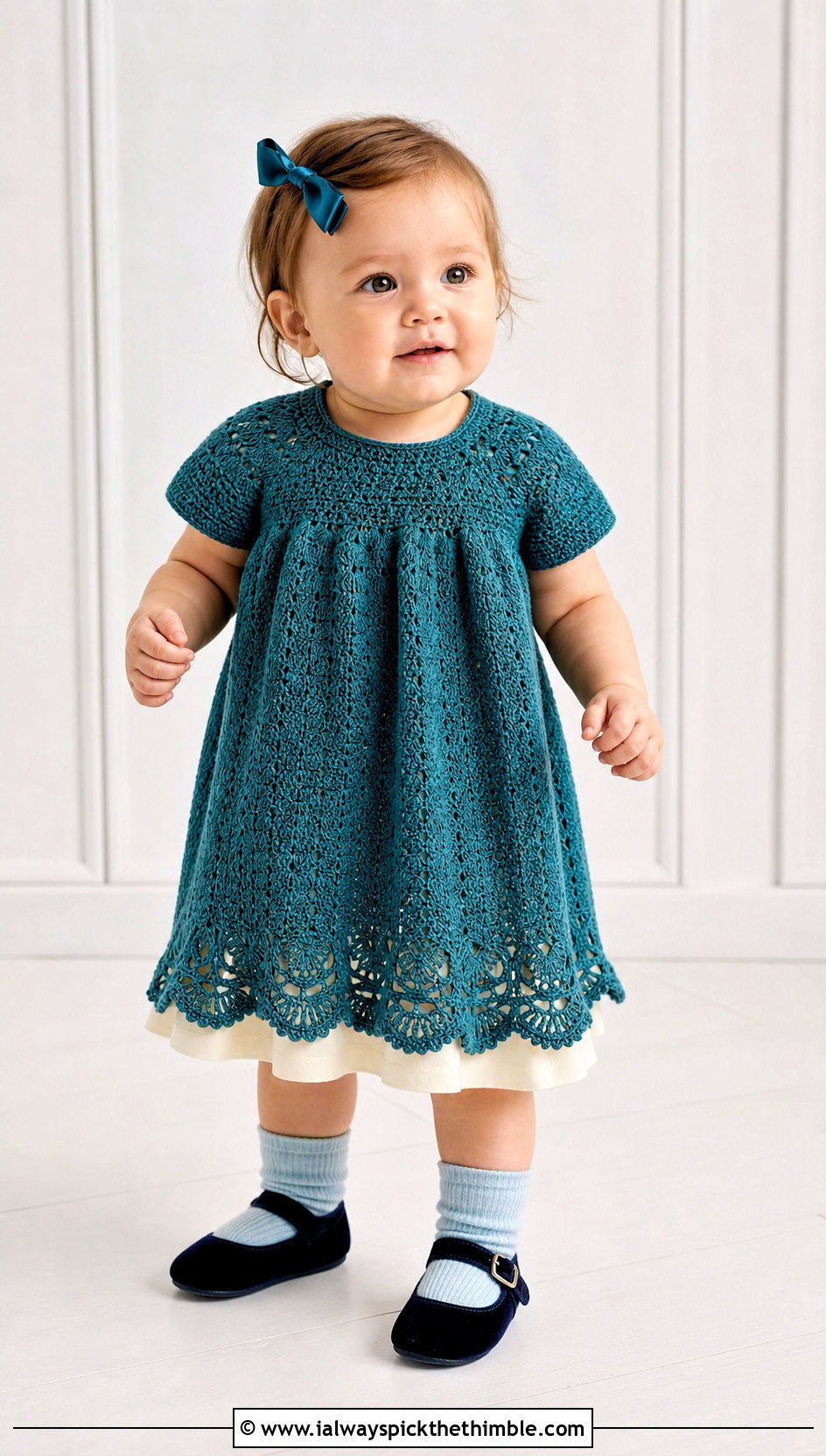 Scalloped Hem Crochet Blessing Dress With Velvet Shoes - 15 Crochet Blessing Dress outfit ideas