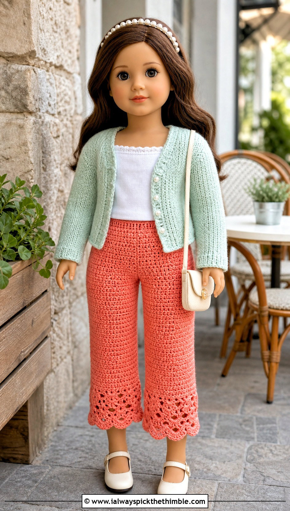Scalloped Hem Crochet Doll Pants With Knit Cardigan - 25 crochet doll pants outfit ideas