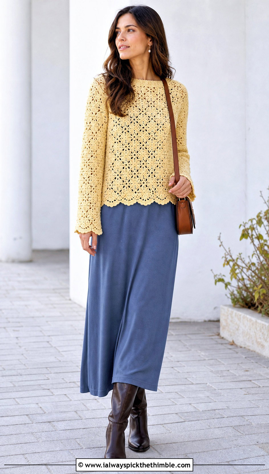 Scalloped Hem Crochet Jumper With Maxi Dress - 15 Ladies Crochet Jumper outfit ideas