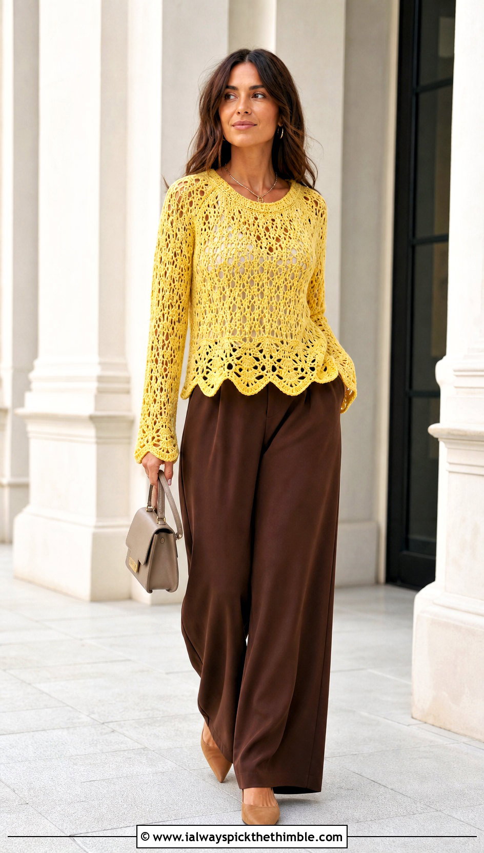 Scalloped Hem Crochet Lacy Sweater With Wide Leg Pants - 20 crochet lacy sweater outfit ideas