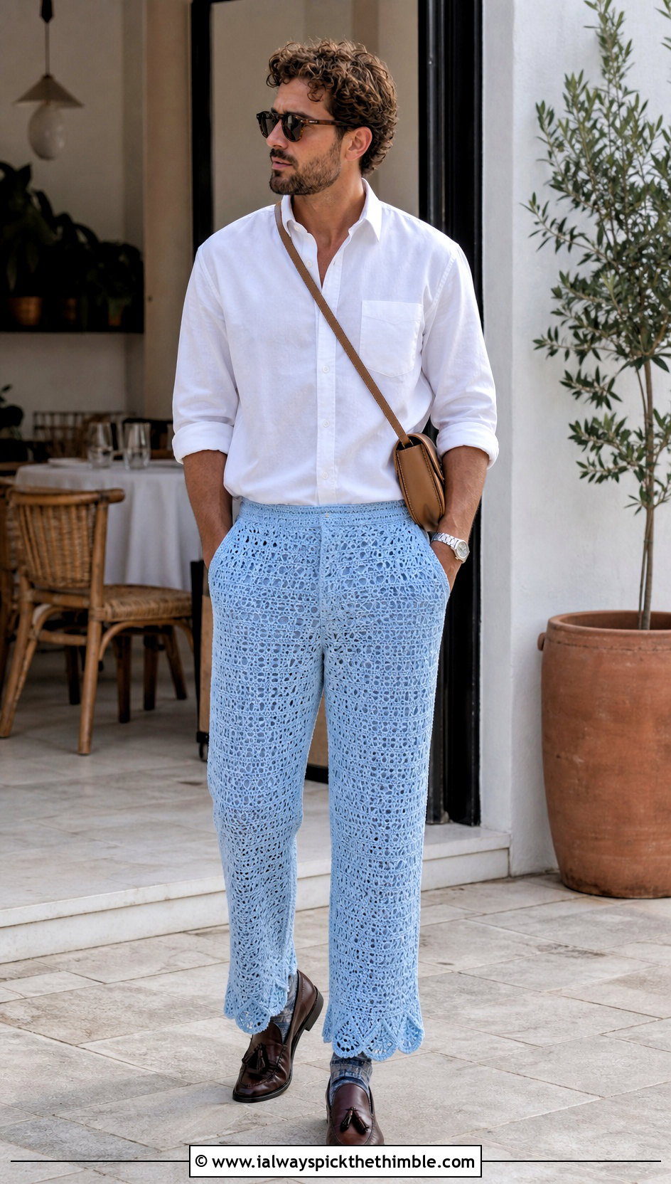 Scalloped Hem Crochet Pants With Oxford Shirt - 20 mens crochet pants outfit ideas