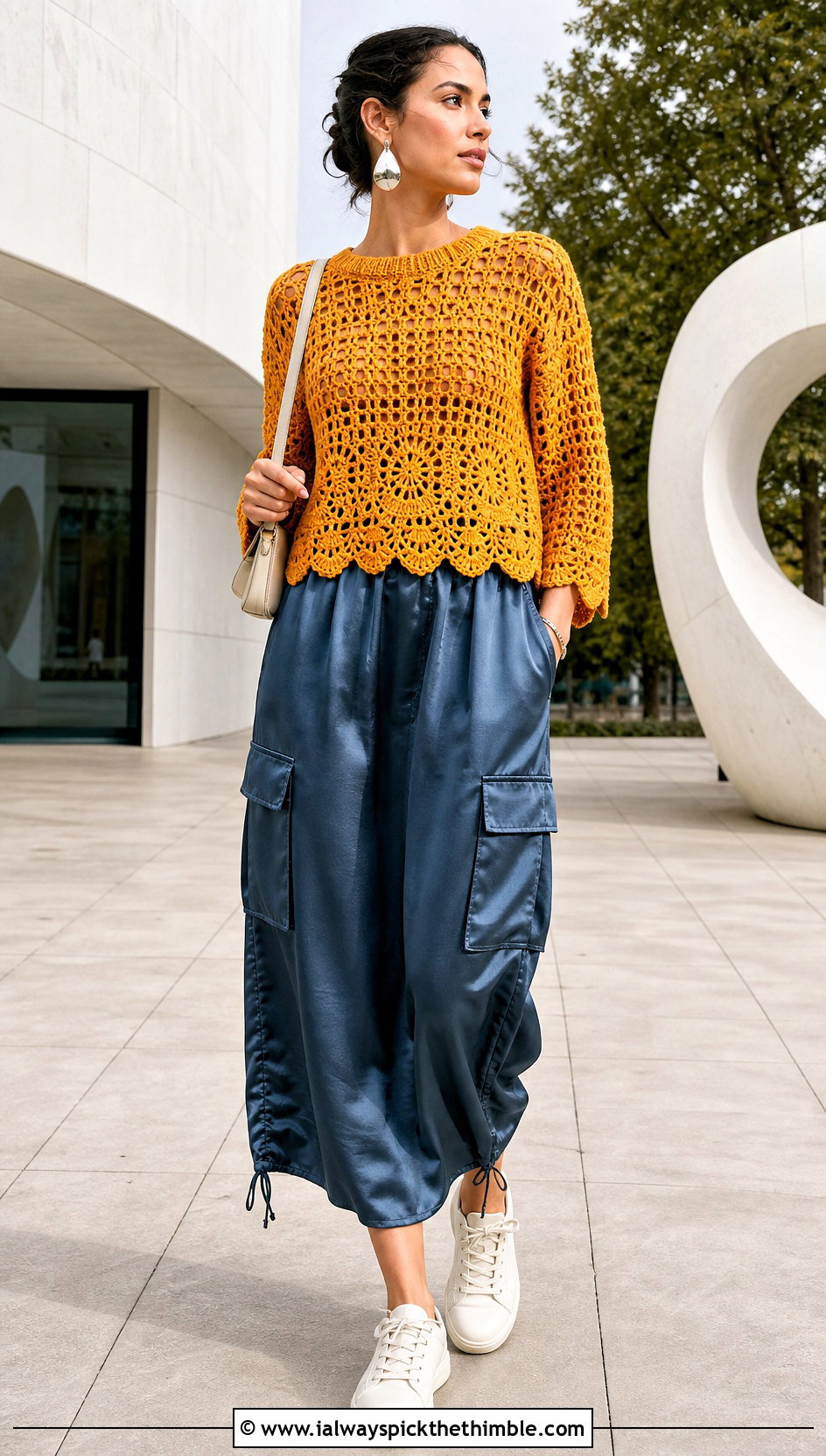 Scalloped Hem Crochet Pullover With Satin Cargo Skirt - 25 crochet pullover outfit ideas
