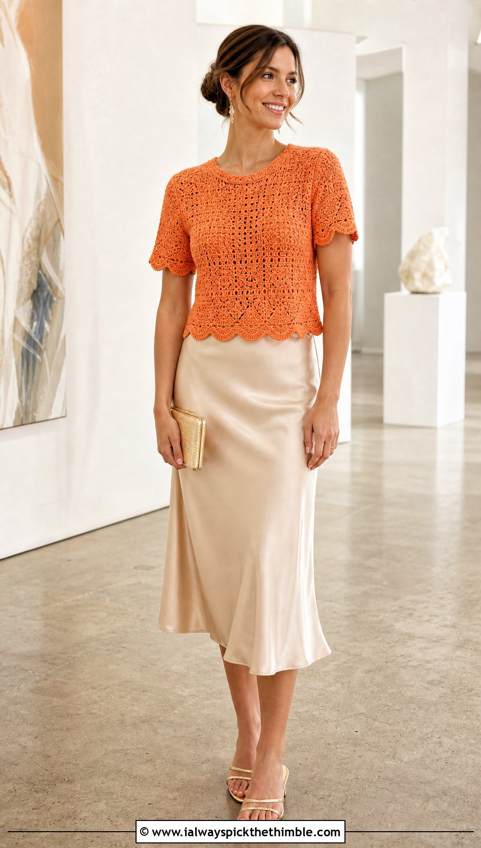 Scalloped Hem Crochet Short Sleeve Sweater With Satin Midi Skirt - 20 Crochet Short Sleeve Sweater outfit ideas