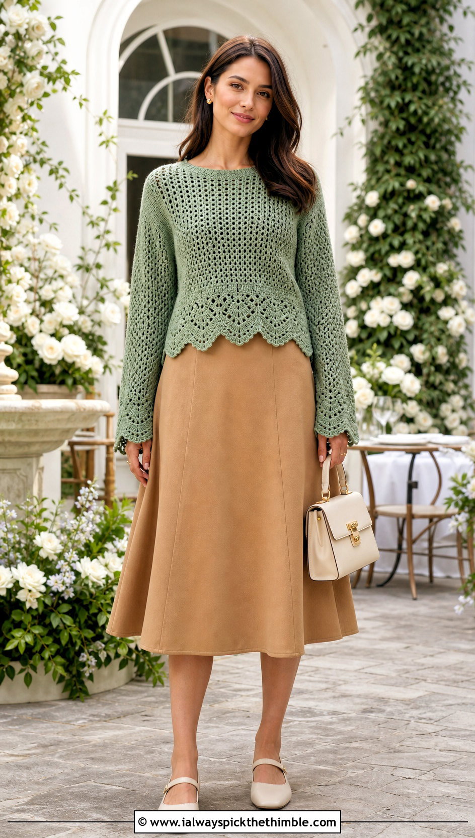 Scalloped Hem Crochet Sweater With A Line Midi Skirt - 25 cute crochet sweater outfit ideas