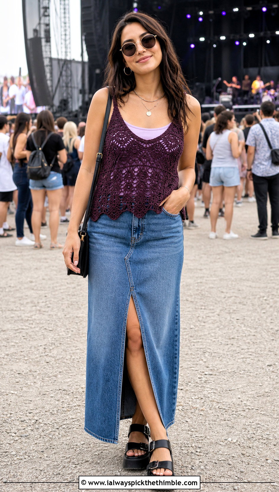 Scalloped Hem Crochet Tank With Denim Maxi Skirt - 20 Flowy Crochet Top outfit ideas