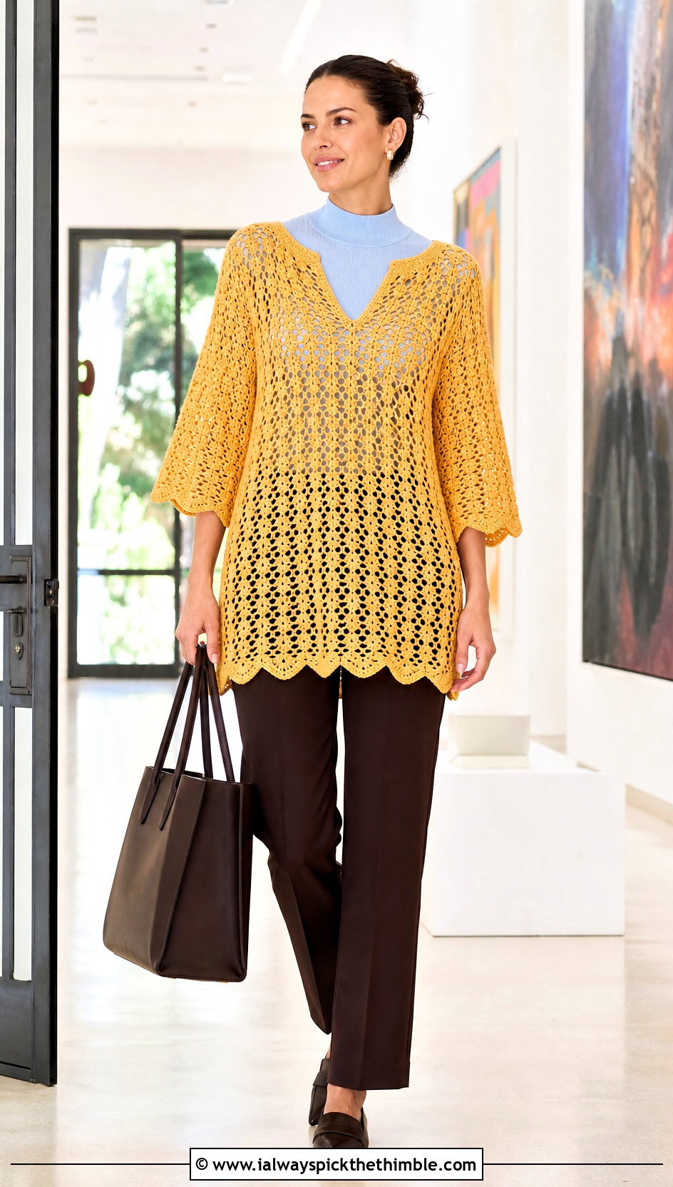 Scalloped Hem Crochet Tunic Cover Up With Tailored Pants - 15 crochet tunic cover up outfit ideas