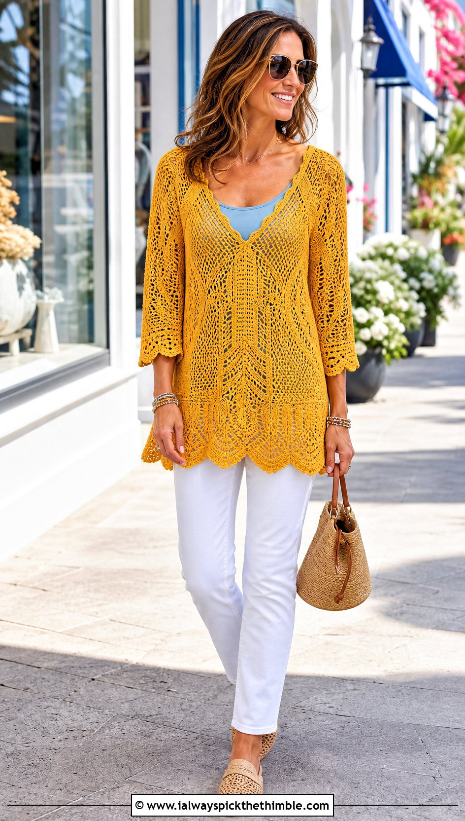 Scalloped Hem Crochet Tunic With White Jeans - 15 crochet tunic ideas