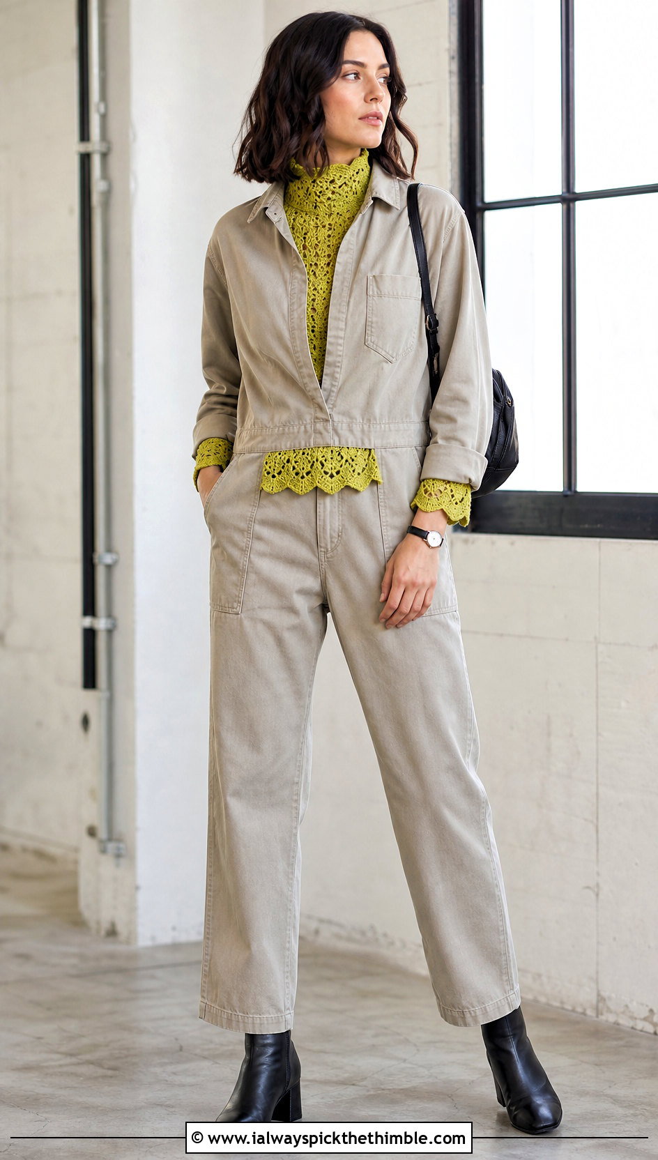 Scalloped Hem Crochet Turtleneck Top With Utility Jumpsuit - 20 crochet turtleneck top outfit ideas
