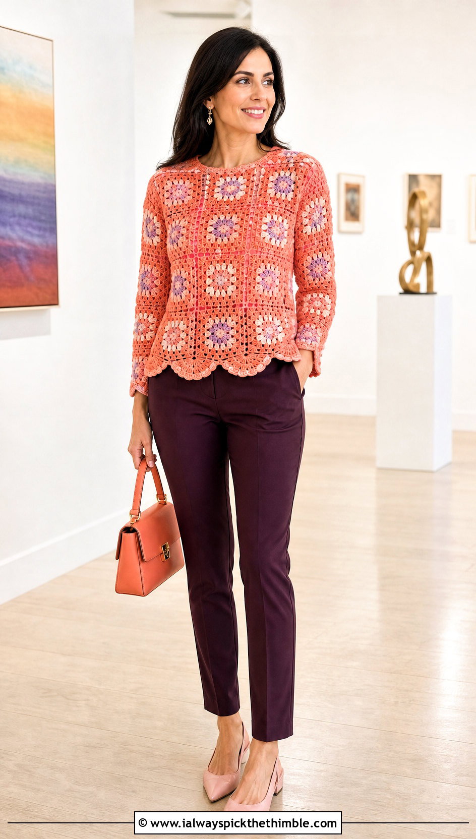 Scalloped Hem Granny Square Pullover With Cigarette Pants - 25 granny square pullover outfit ideas