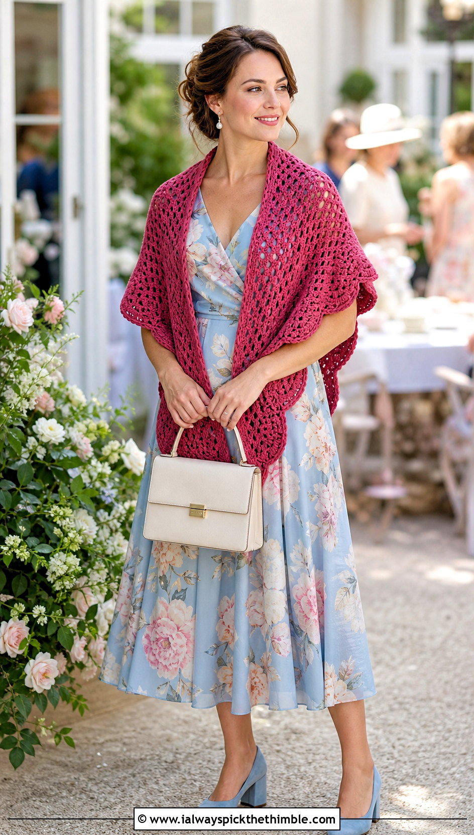 Scalloped Hexagon Shawl With Tea Dress - 20 Crochet Hexagon Shawl outfit ideas