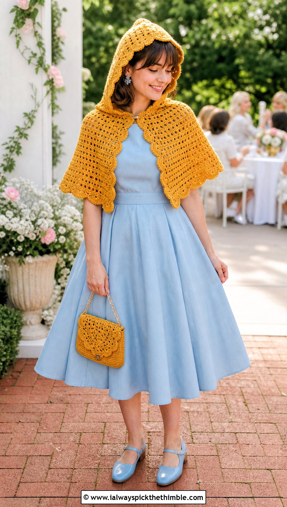 Scalloped Hooded Crochet Capelet With Tea Dress - 20 Hooded Crochet Cape outfit ideas