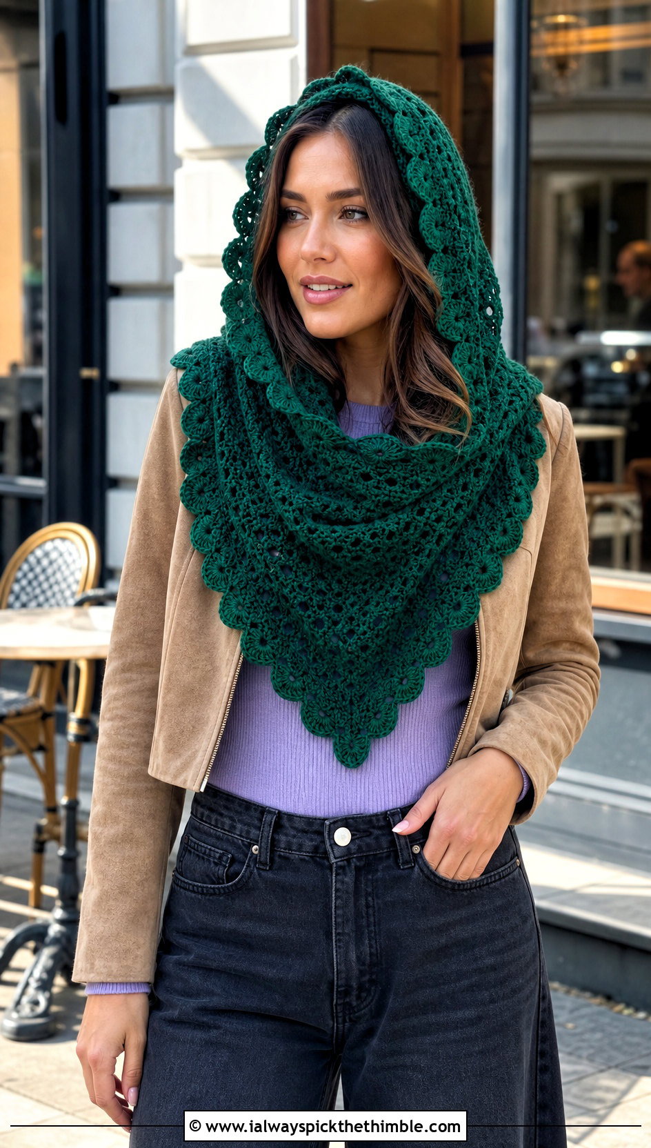 Scalloped Hooded Triangle Crochet Scarf With Wide Leg Jeans - 20 Hooded Triangle Crochet Scarf outfit ideas