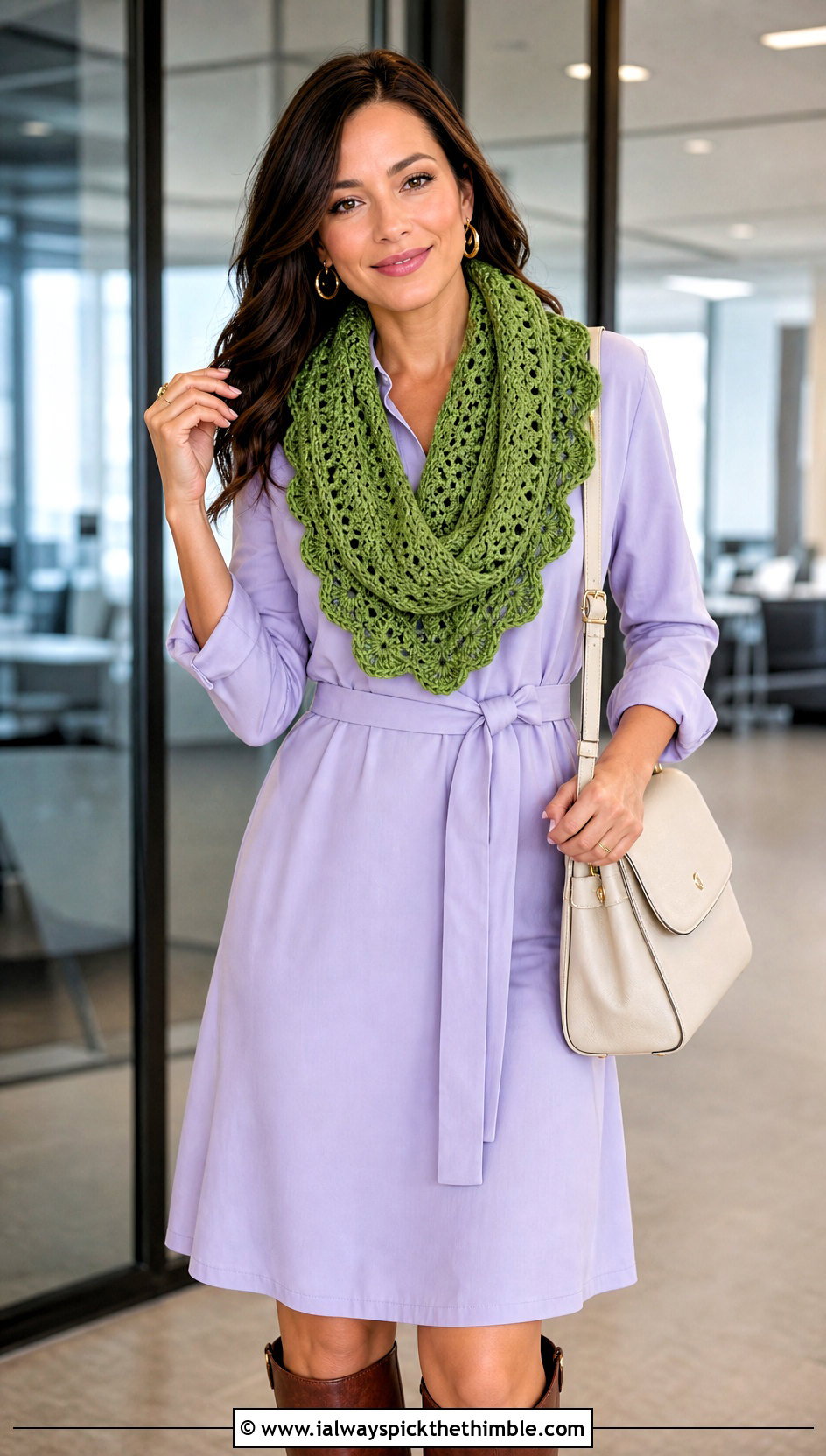 Scalloped Infinity Green Crochet Scarf With Shirt Dress And Boots - 15 Lacy Green Crochet Scarf outfit ideas
