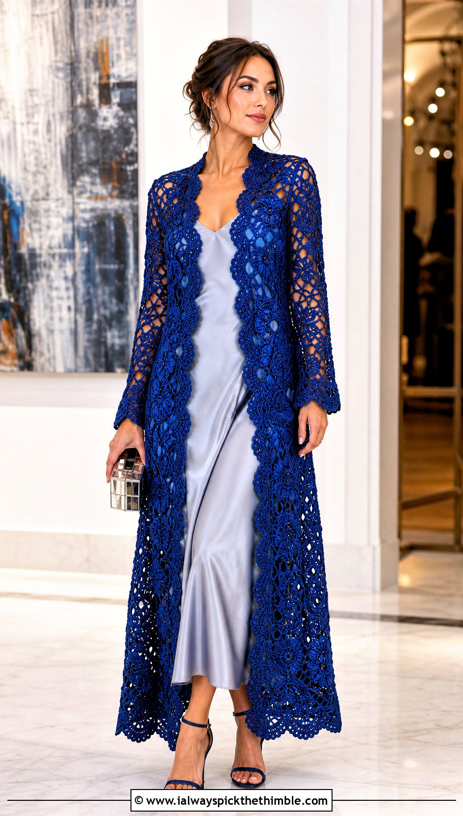 Scalloped Irish Crochet Opera Coat With Satin Dress - 20 irish crochet coat outfit ideas