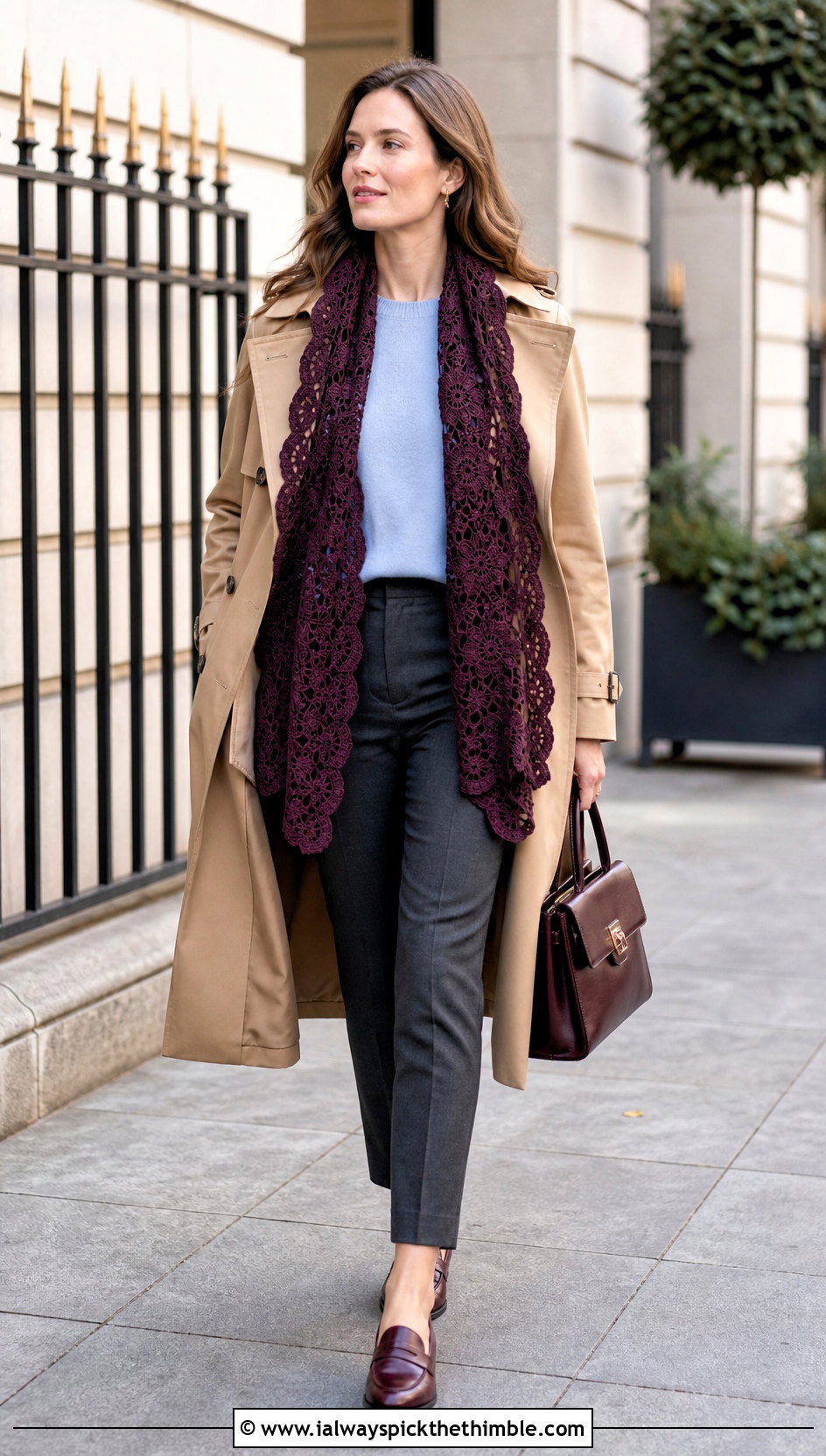 Scalloped Irish Crochet Stole With Trench Coat - 20 Irish Crochet Shawl outfit ideas
