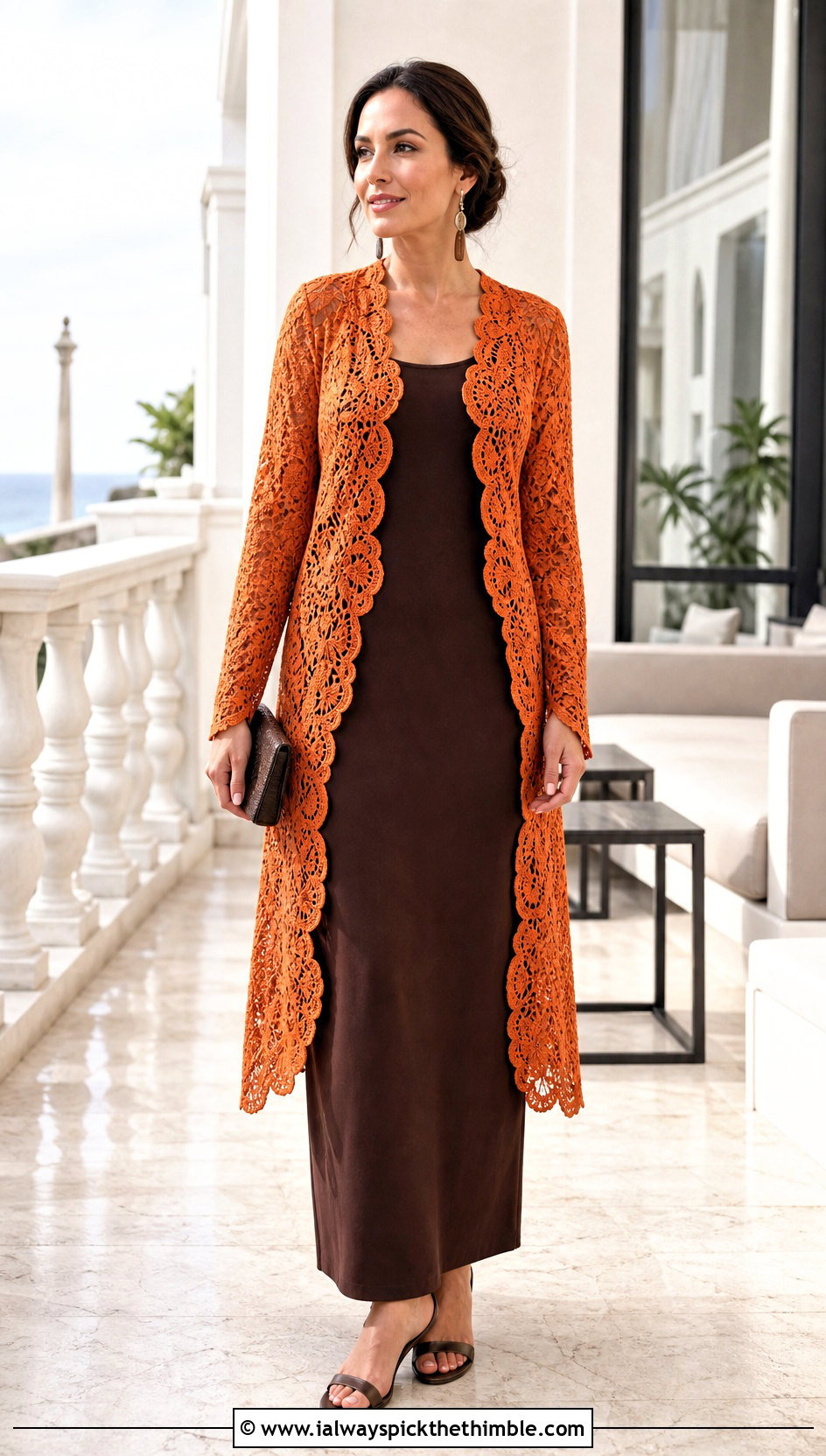 Scalloped Irish Lace Longline Jacket With Column Dress - 15 irish lace crochet jacket outfit ideas