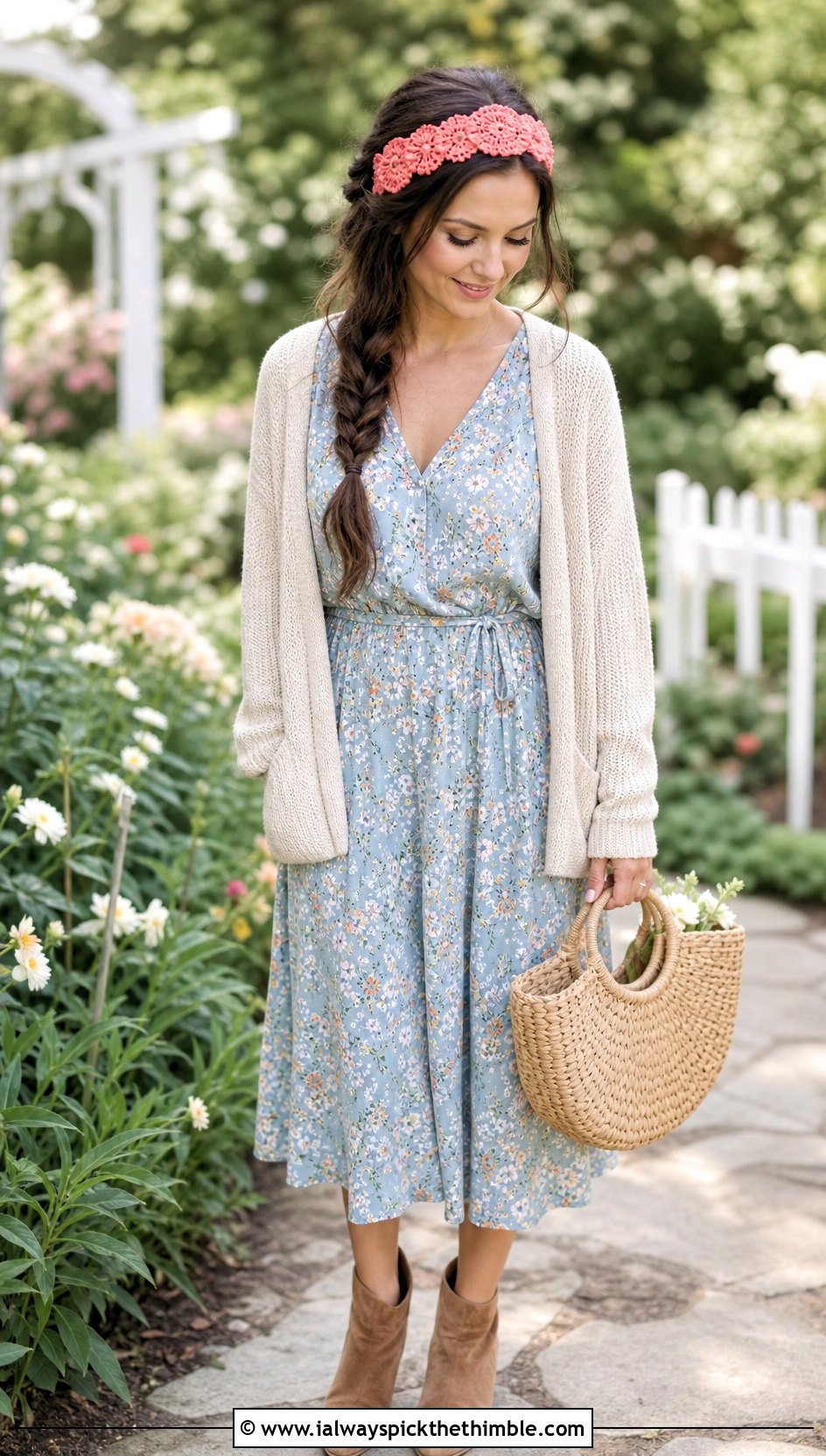 Scalloped Jasmine Stitch Headband With Floral Dress - 20 Crochet Jasmine Stitch Headband outfit ideas