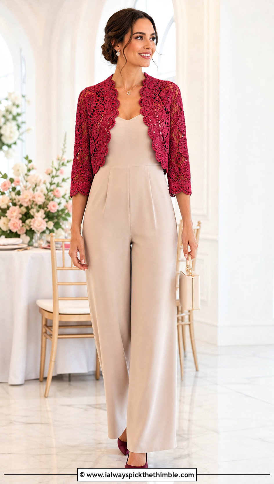 Scalloped Lace Bolero Cardigan With Jumpsuit - 15 Lacey Crochet Cardigan outfit ideas