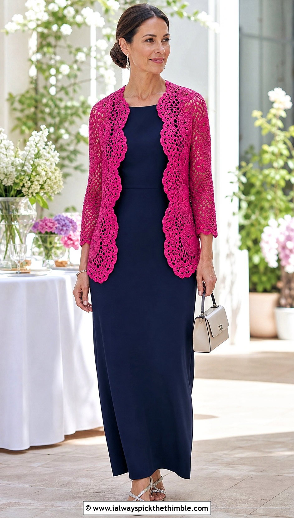 Scalloped Lace Crochet Cardigan With Column Dress - 20 crochet for ladies cardigans outfit ideas