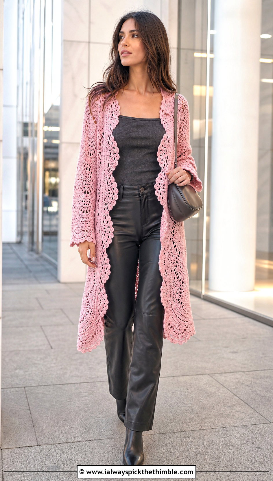 Scalloped Lace Crochet Cardigan With Leather Pants - 25 crochet long cardigan outfit ideas