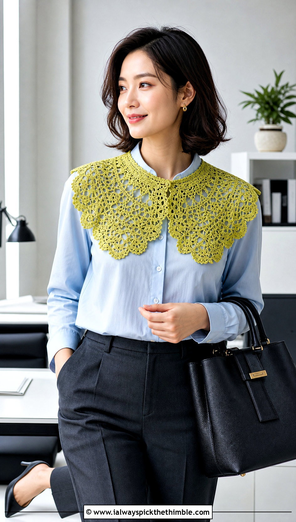 Scalloped Lace Crochet Collar With Blouse And Tailored Pants - 20 Lace Crochet Collar outfit ideas