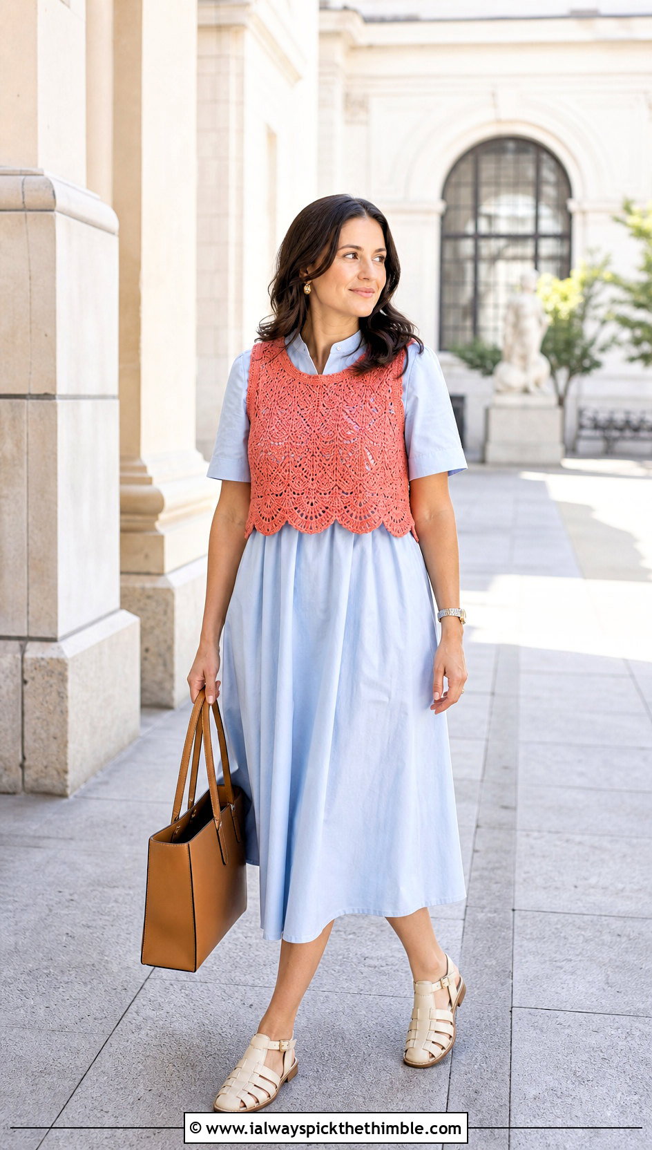 Scalloped Lace Crochet Crop Vest With Poplin Dress - 20 crochet crop vest outfit ideas