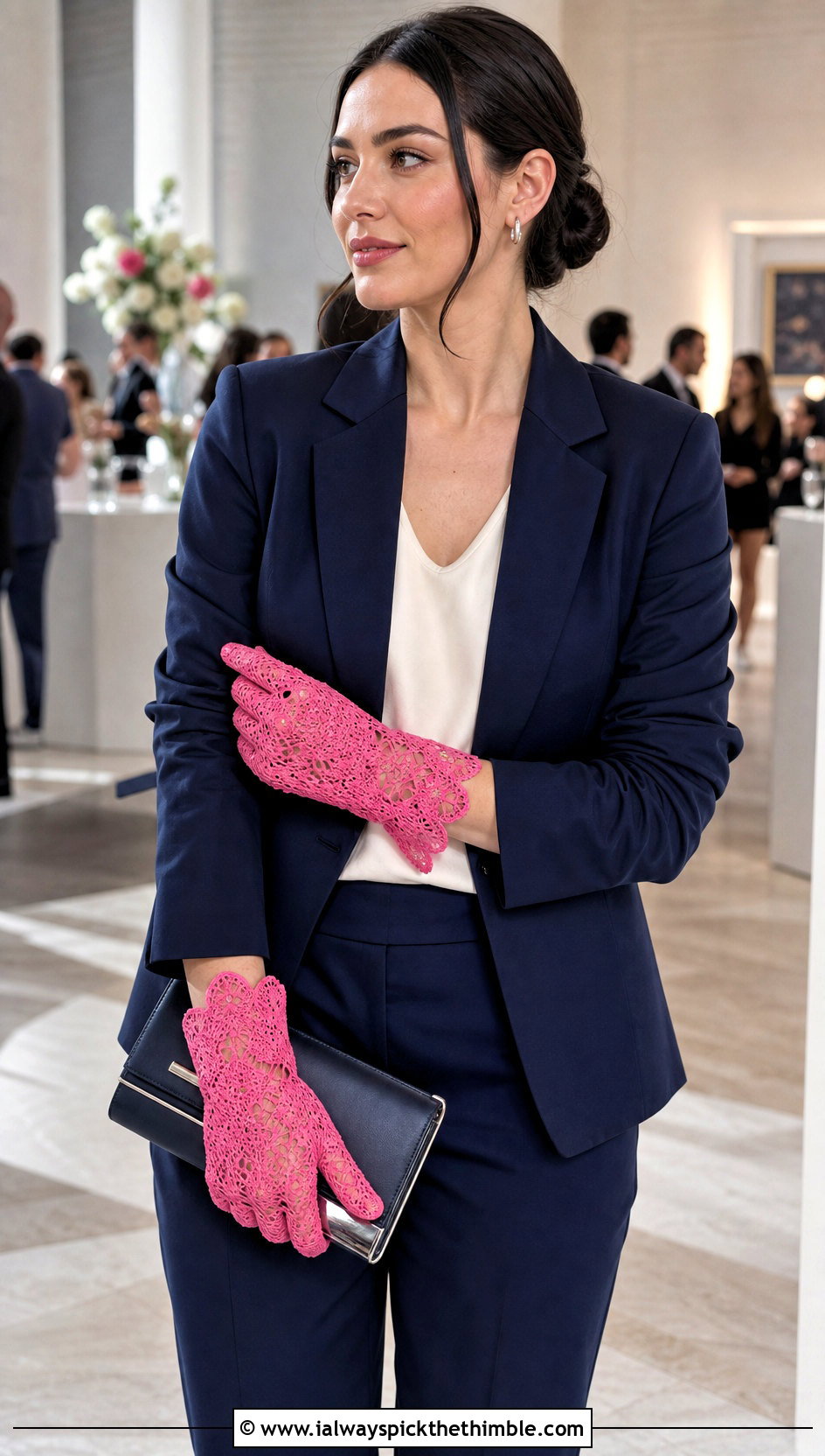 Scalloped Lace Crochet Gloves With Pantsuit - 25 crochet hand gloves outfit ideas