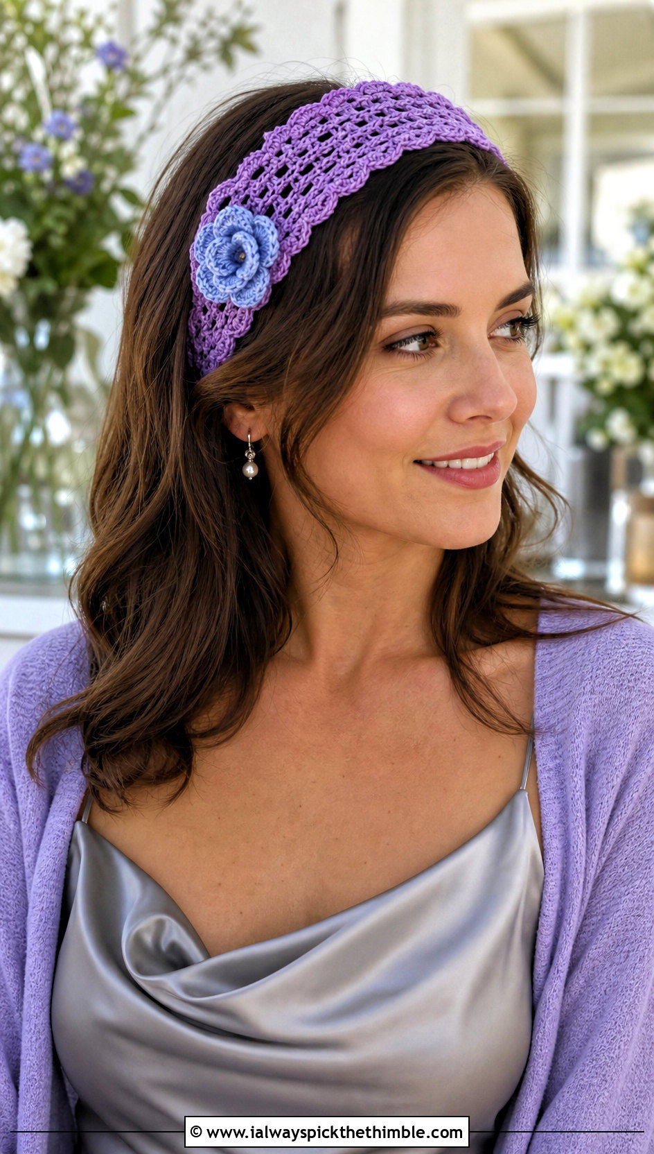 Scalloped Lace Crochet Headband With Blue Flower And Slip Dress - 15 crochet headband with blue flower outfit ideas