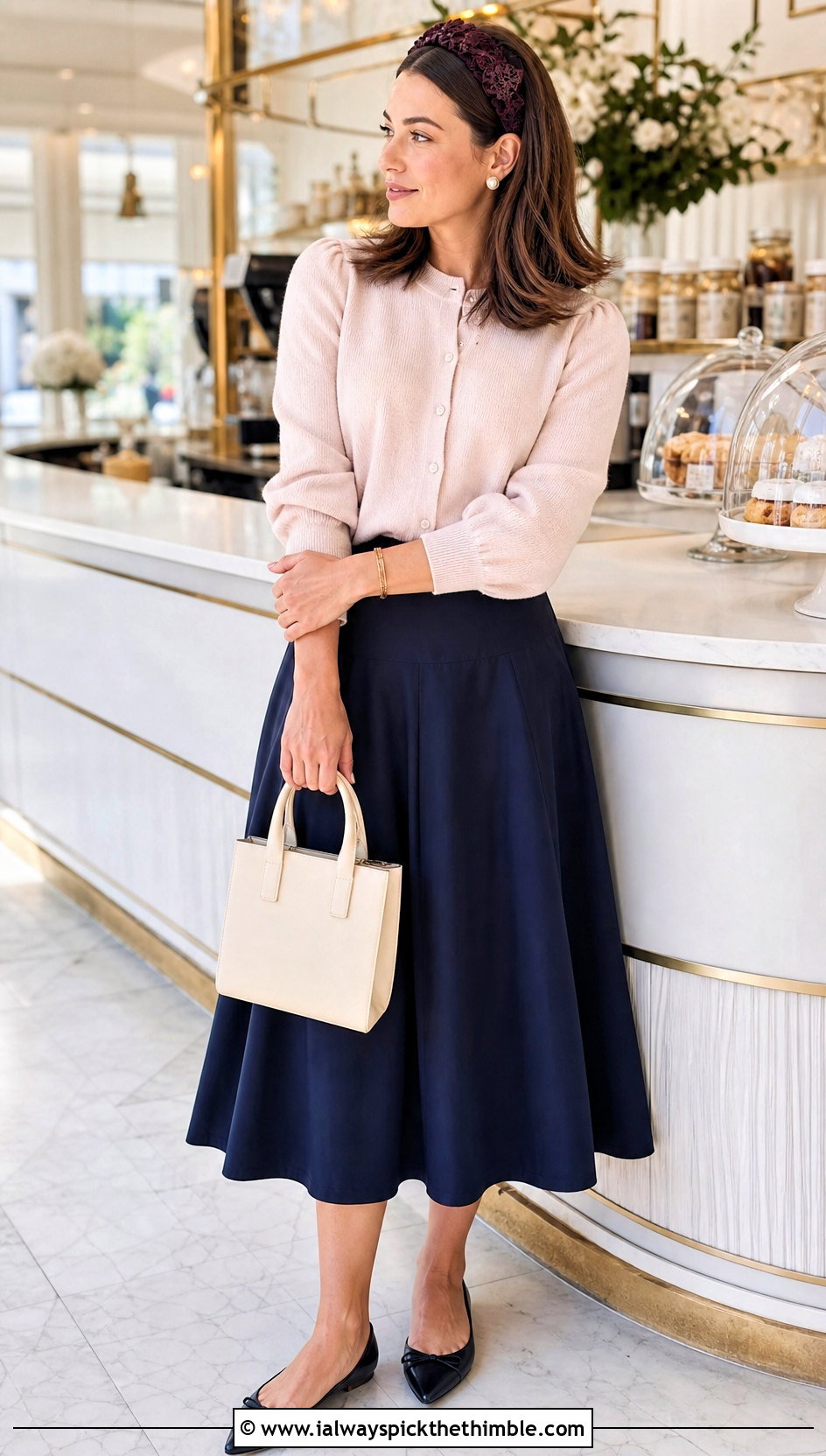 Scalloped Lace Crochet Headband With Cardigan And Midi Skirt - 20 lace crochet headband outfit ideas