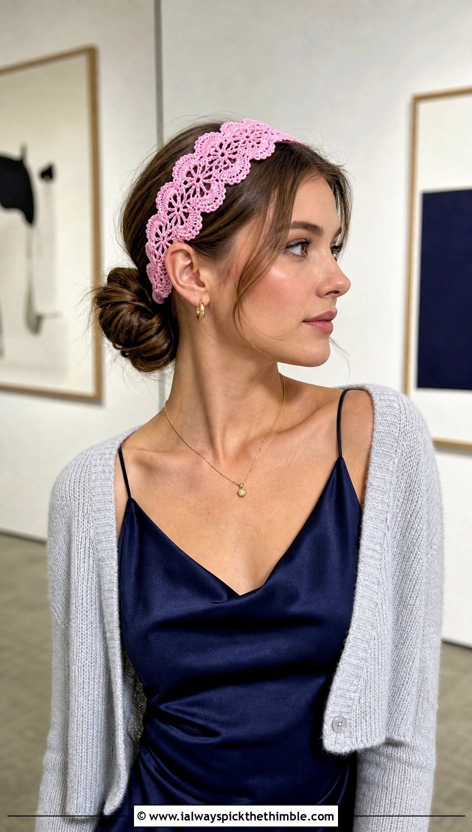 Scalloped Lace Crochet Headband With Slip Dress And Cardigan - 25 crochet headbands outfit ideas