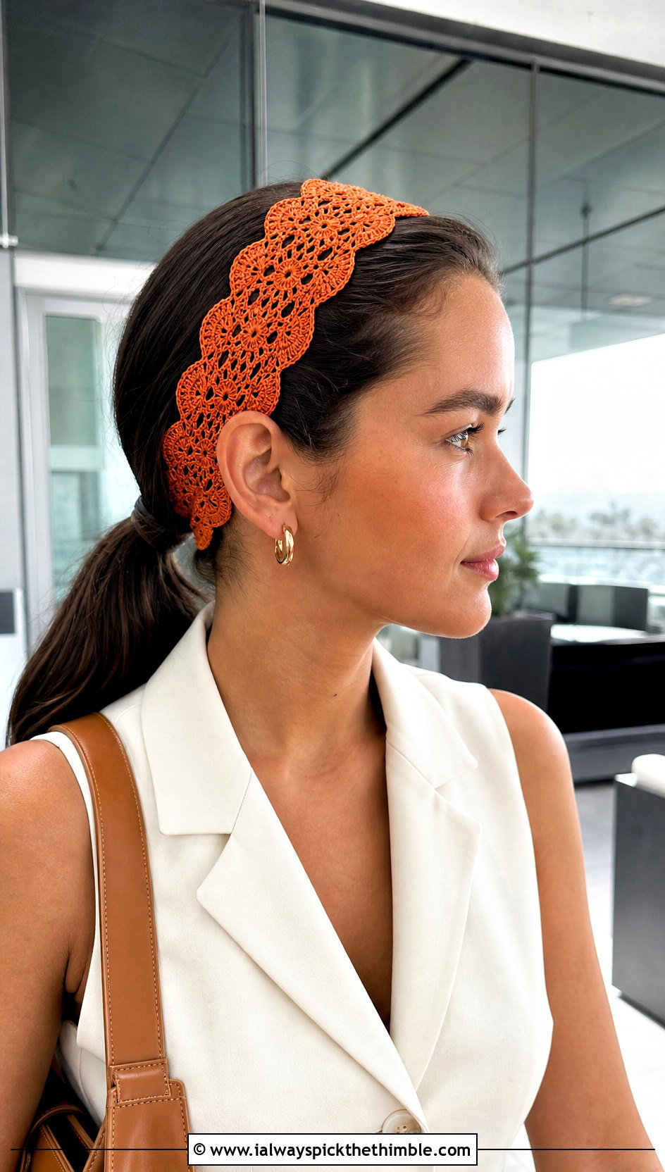 Scalloped Lace Crochet Headband With Tailored Vest And Shorts - 15 summer crochet headband outfit ideas
